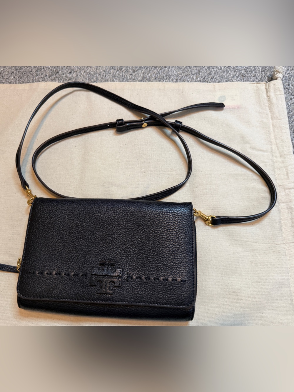 Tory Burch Black Pebbled Leather Crossbody Wallet with Gold Hardware